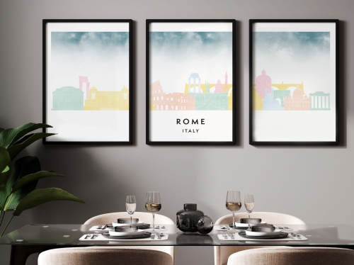 Plakat skylines TRYPTYK Rome Rzym w stylu Watercolor/ Akwarelowym