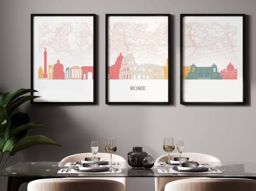 Plakat skylines TRYPTYK Rome Rzym z mapą