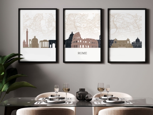 Plakat skylines TRYPTYK Rome Rzym z mapą