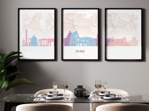 Plakat skylines TRYPTYK Rome Rzym z mapą