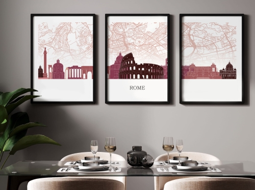 Plakat skylines TRYPTYK Rome Rzym z mapą