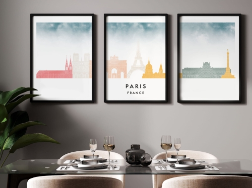 Plakat skylines TRYPTYK Paryż Paris w stylu Watercolor/ Akwarelowym