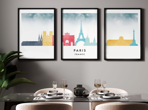Plakat skylines TRYPTYK Paryż Paris w stylu Watercolor/ Akwarelowym