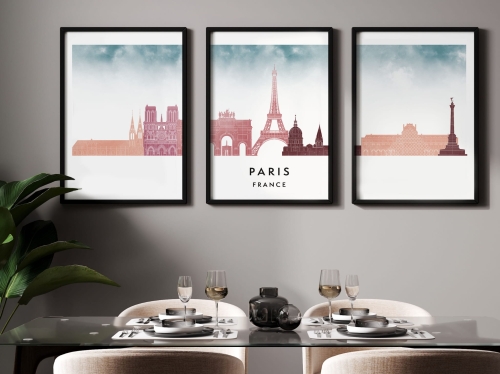 Plakat skylines TRYPTYK Paryż Paris w stylu Watercolor/ Akwarelowym