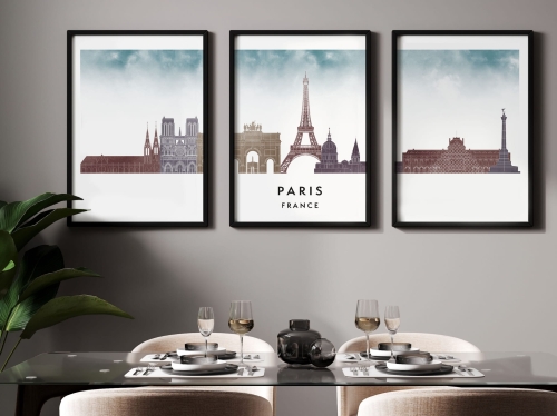 Plakat skylines TRYPTYK Paryż Paris w stylu Watercolor/ Akwarelowym