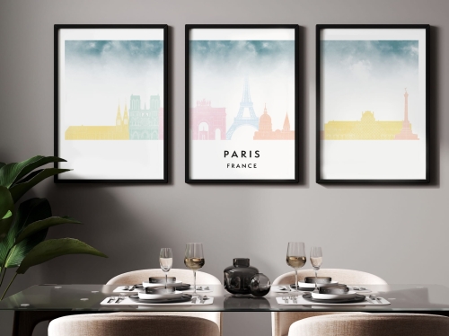 Plakat skylines TRYPTYK Paryż Paris w stylu Watercolor/ Akwarelowym