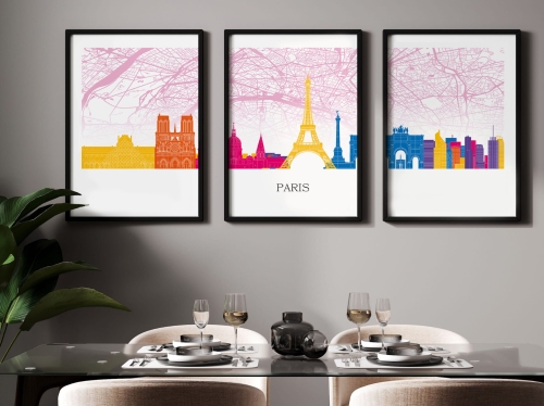 Plakat skylines TRYPTYK Paryż Paris z mapą