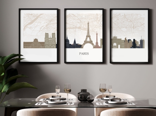 Plakat skylines TRYPTYK Paryż Paris z mapą