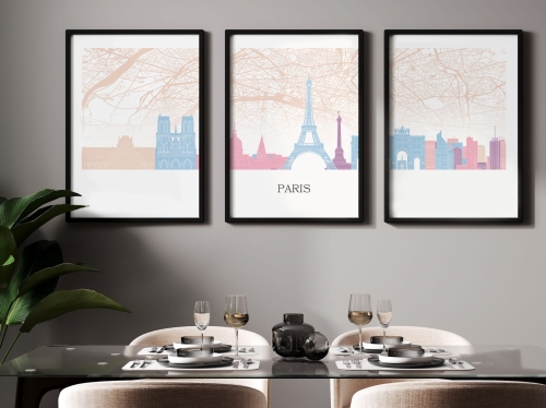 Plakat skylines TRYPTYK Paryż Paris z mapą