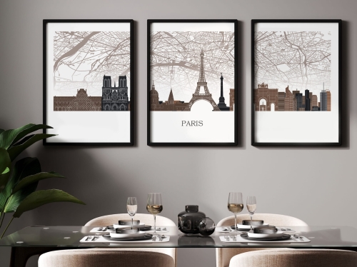 Plakat skylines TRYPTYK Paryż Paris z mapą