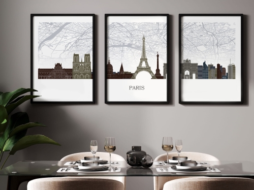 Plakat skylines TRYPTYK Paryż Paris z mapą