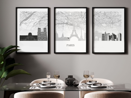 Plakat skylines TRYPTYK Paryż Paris z mapą