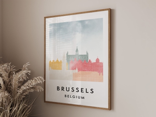Plakat do salonu skylines Bruksela Brussels stylu Watercolor/ Akwarelowym