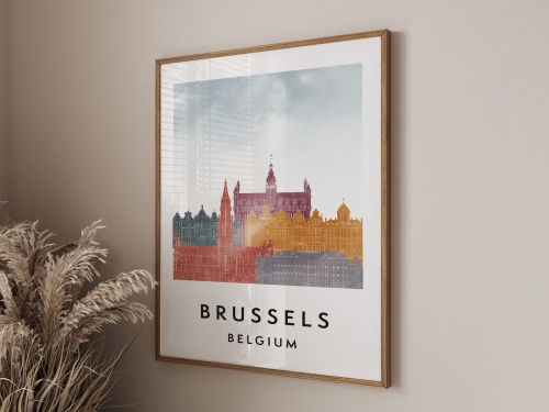 Plakat do salonu skylines Bruksela Brussels stylu Watercolor/ Akwarelowym