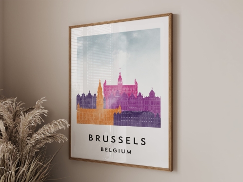 Plakat do salonu skylines Bruksela Brussels stylu Watercolor/ Akwarelowym
