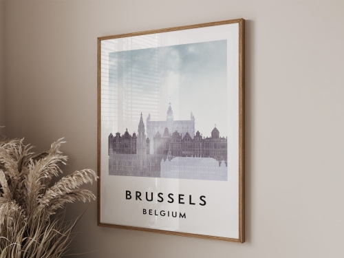 Plakat do salonu skylines Bruksela Brussels stylu Watercolor/ Akwarelowym