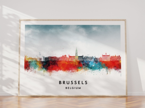 Plakat do salonu skylines Brussels Bruksela w stylu Watercolor/ Akwarelowym