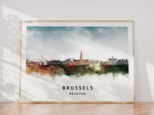 Plakat do salonu skylines Brussels Bruksela w stylu Watercolor/ Akwarelowym