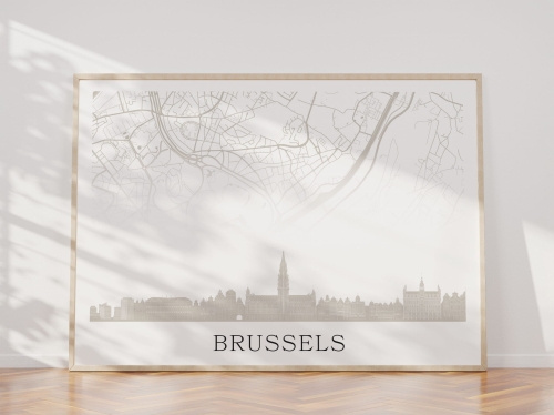 Plakat do salonu skylines Brussels Bruksela z mapą