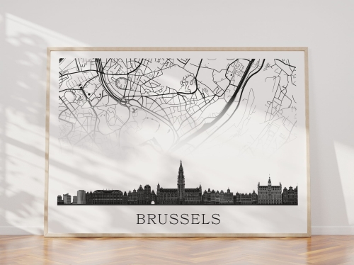 Plakat do salonu skylines Brussels Bruksela z mapą