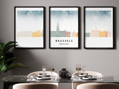 Plakat skylines TRYPTYK Brussels Bruksela w stylu Watercolor/ Akwarelowym