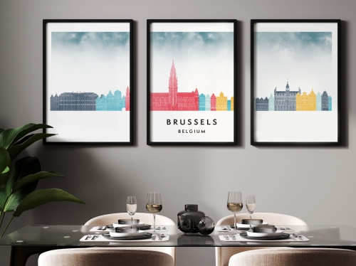 Plakat skylines TRYPTYK Brussels Bruksela w stylu Watercolor/ Akwarelowym