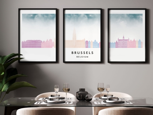 Plakat skylines TRYPTYK Brussels Bruksela w stylu Watercolor/ Akwarelowym