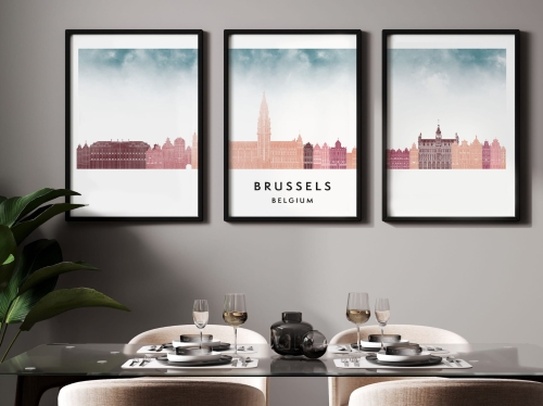 Plakat skylines TRYPTYK Brussels Bruksela w stylu Watercolor/ Akwarelowym