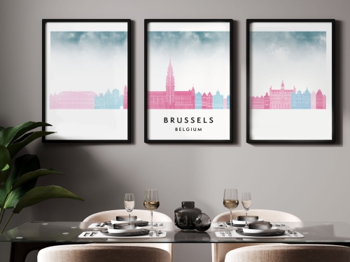 Plakat skylines TRYPTYK Brussels Bruksela w stylu Watercolor/ Akwarelowym