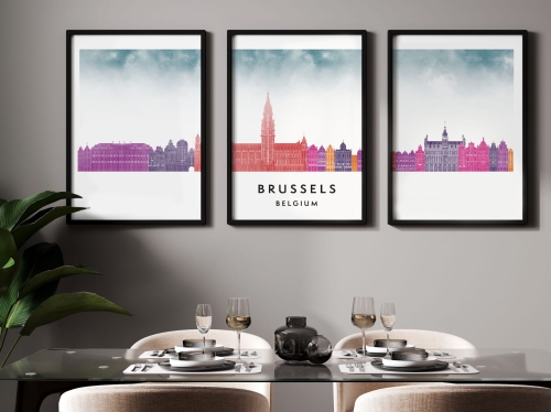 Plakat skylines TRYPTYK Brussels Bruksela w stylu Watercolor/ Akwarelowym
