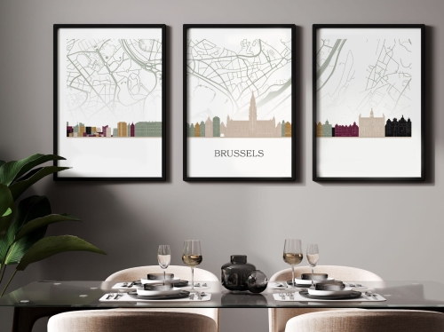 Plakat skylines TRYPTYK Brussels Bruksela z mapą