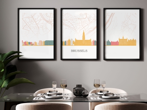 Plakat skylines TRYPTYK Brussels Bruksela z mapą