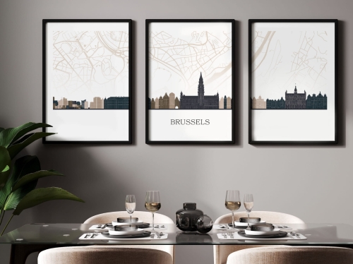 Plakat skylines TRYPTYK Brussels Bruksela z mapą