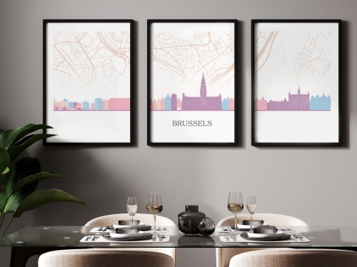 Plakat skylines TRYPTYK Brussels Bruksela z mapą