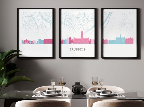 Plakat skylines TRYPTYK Brussels Bruksela z mapą