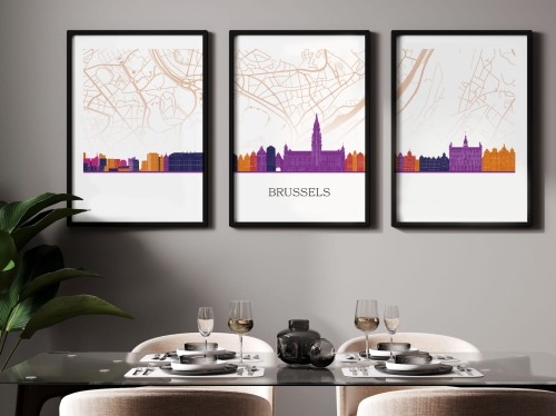 Plakat skylines TRYPTYK Brussels Bruksela z mapą