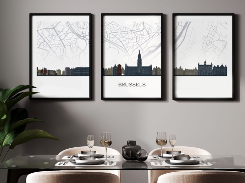 Plakat skylines TRYPTYK Brussels Bruksela z mapą