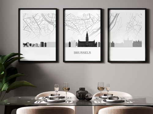 Plakat skylines TRYPTYK Brussels Bruksela z mapą