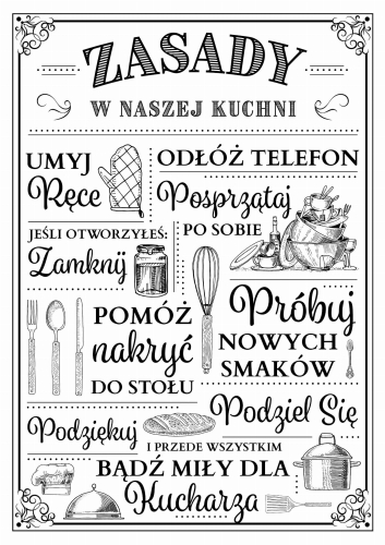 Plakat do kuchni, Zasady Kuchni, Humorystyczny plakat kuchenny