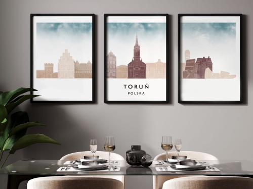 Plakat skylines TRYPTYK Toruń, zestaw 3 plakatów w stylu Watercolor/ Akwarelowym 