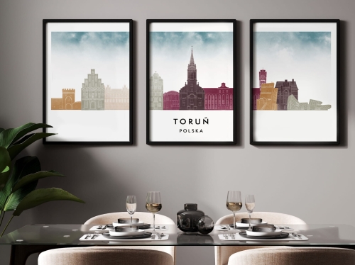 Plakat skylines TRYPTYK Toruń, zestaw 3 plakatów w stylu Watercolor/ Akwarelowym