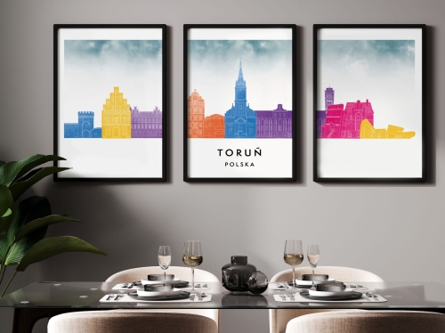 Plakat skylines TRYPTYK Toruń, zestaw 3 plakatów w stylu Watercolor/ Akwarelowym