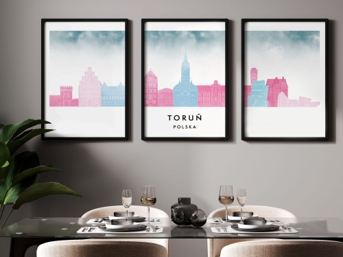 Plakat skylines TRYPTYK Toruń, zestaw 3 plakatów w stylu Watercolor/ Akwarelowym