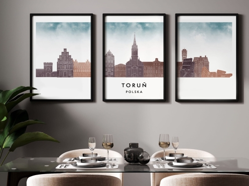 Plakat skylines TRYPTYK Toruń, zestaw 3 plakatów w stylu Watercolor/ Akwarelowym