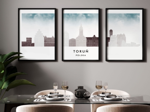Plakat skylines TRYPTYK Toruń, zestaw 3 plakatów w stylu Watercolor/ Akwarelowym
