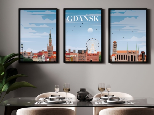 Zestaw 3 plakatów podróżniczych, TRYPTYK Gdańsk