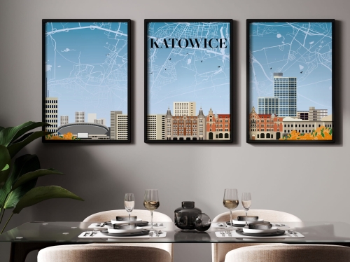 Zestaw 3 plakatów podróżniczych, TRYPTYK Katowice z mapą