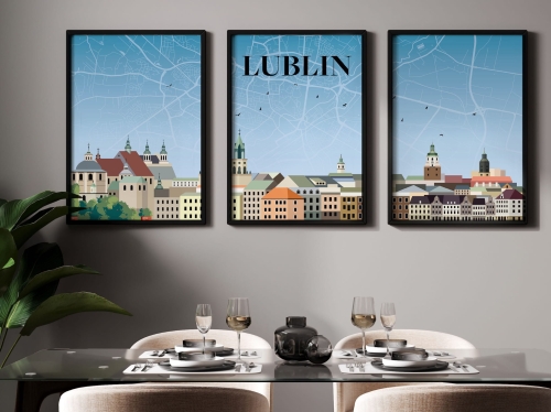 Zestaw 3 plakatów podróżniczych, TRYPTYK Lublin z mapą