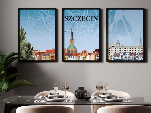 Zestaw 3 plakatów podróżniczych, TRYPTYK Szczecin z mapą