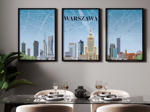 Zestaw 3 plakatów podróżniczych, TRYPTYK Warszawa z mapą
